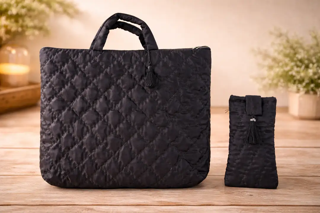 El Yapımı Kapitone Tote Çanta + Yavru Küçük Çanta (Siyah)