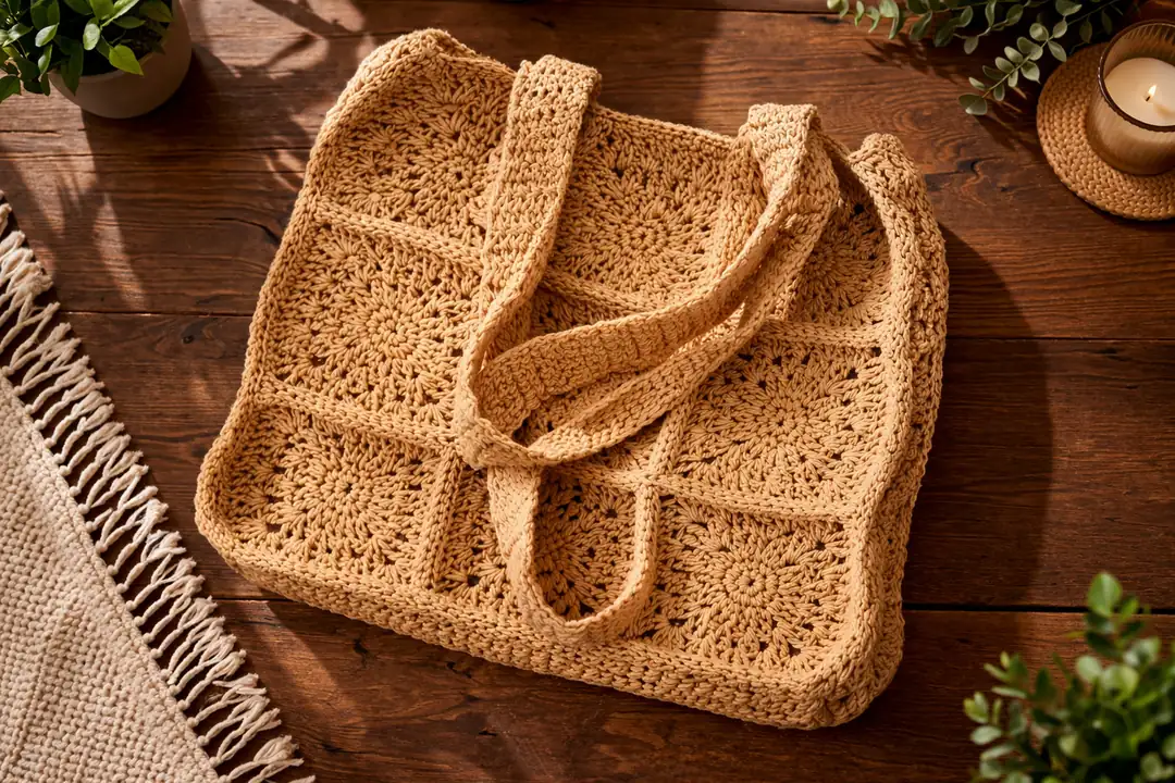 Bej Granny Square Motifli Tığ İşi Omuz Çantası