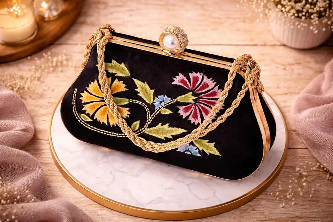 Siyah Kadife Çiçek Nakışlı Abiye Clutch Çanta (Altın Zincir Askılı)