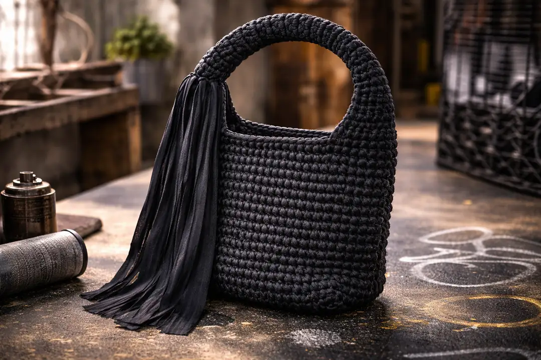 Siyah Tığ İşi Kova (Bucket) Çanta (Siyah Deri Saçaklı)